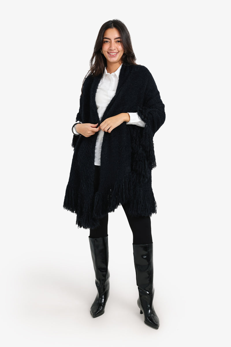 Carina - Fringe Trim Knitted Poncho