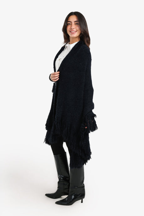 Carina - Fringe Trim Knitted Poncho