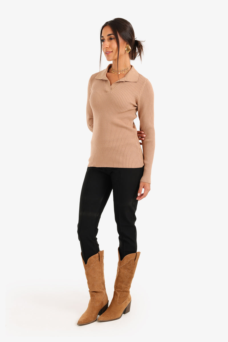 Carina - Ribbed Tricot Pullover with Collar