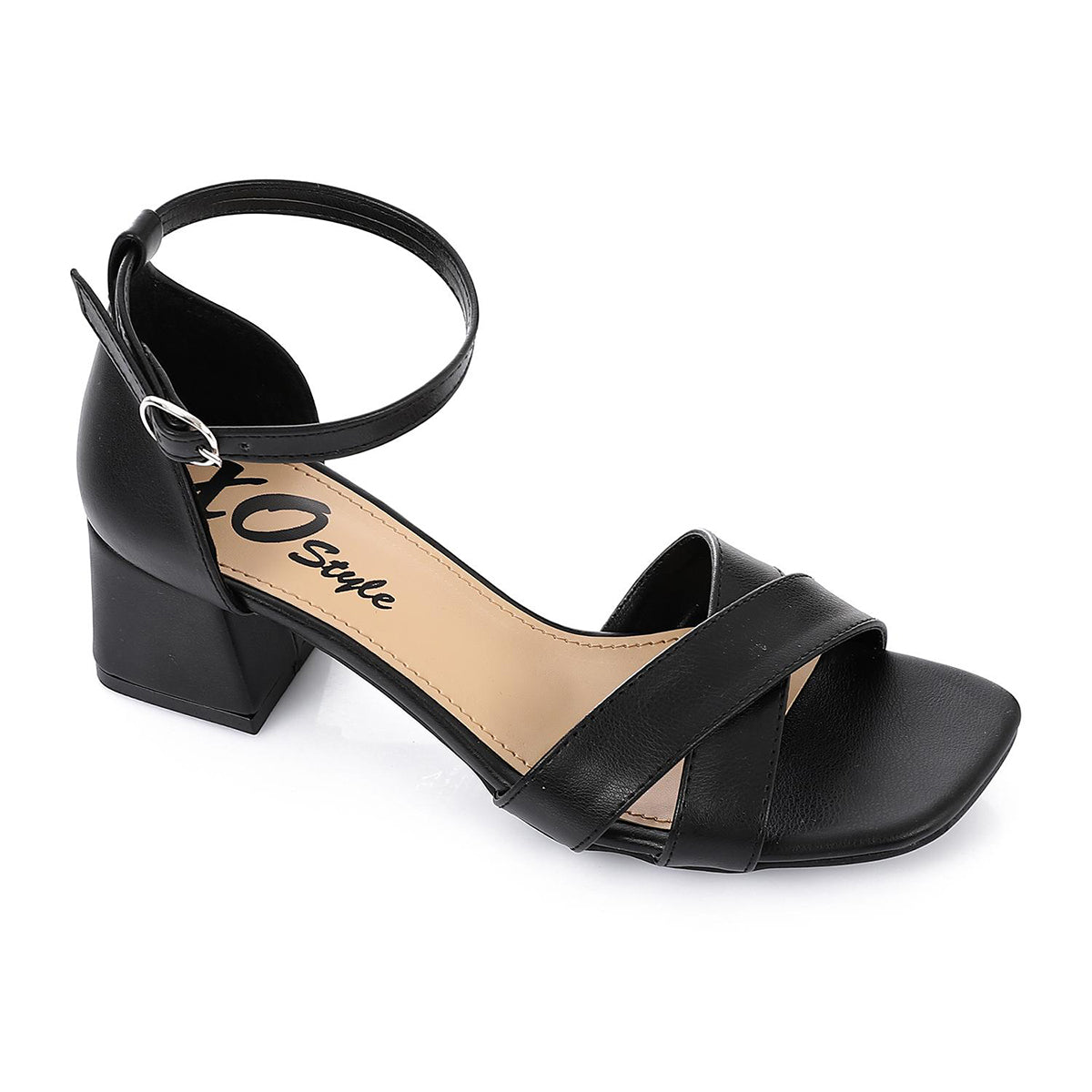XO - French Lacquer Leather Peep Toe High Heel Sandals, Black Chunky Heels For Summer, Women