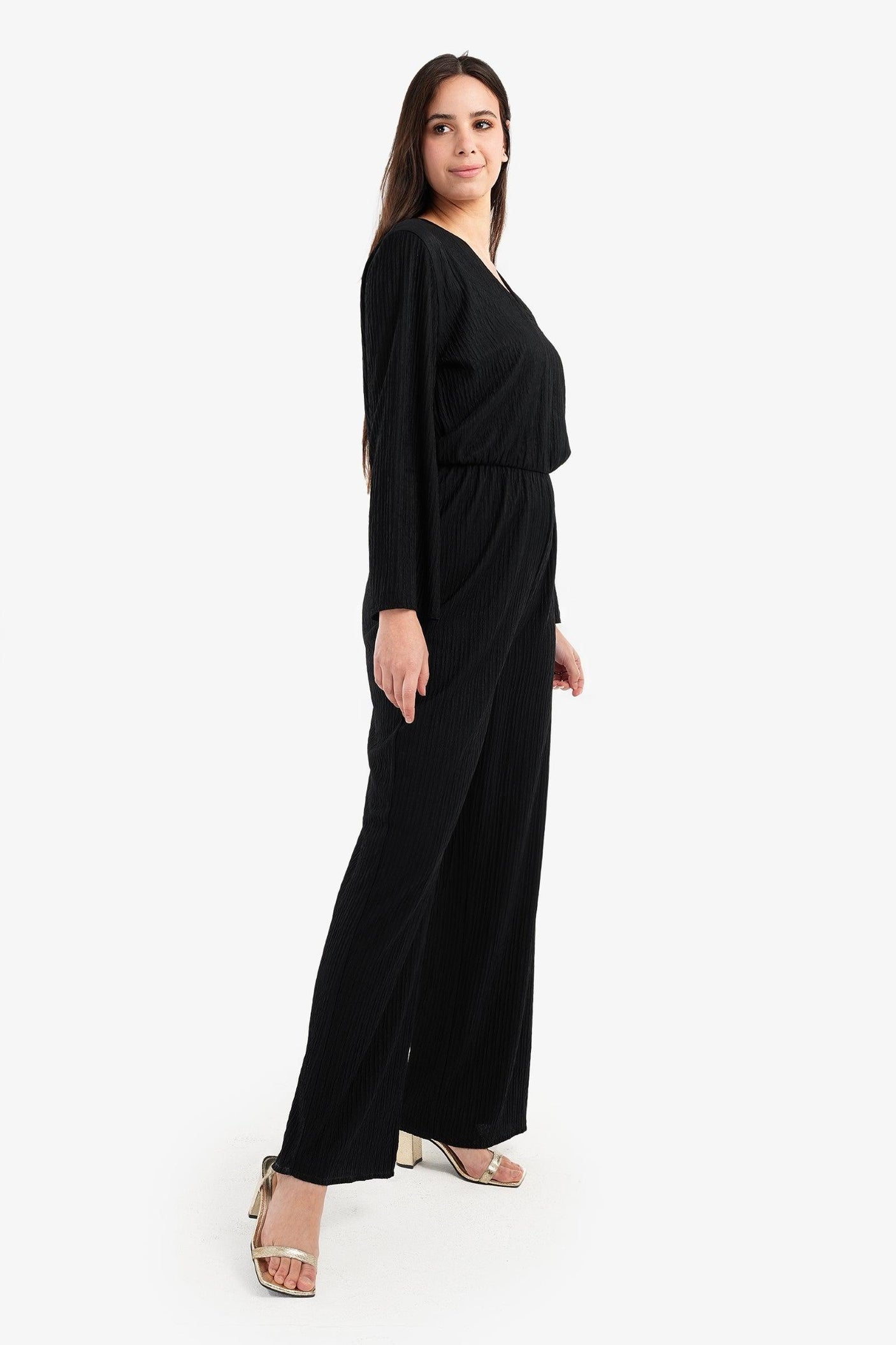 Clue - Black Pleated Satin Jumpsuit