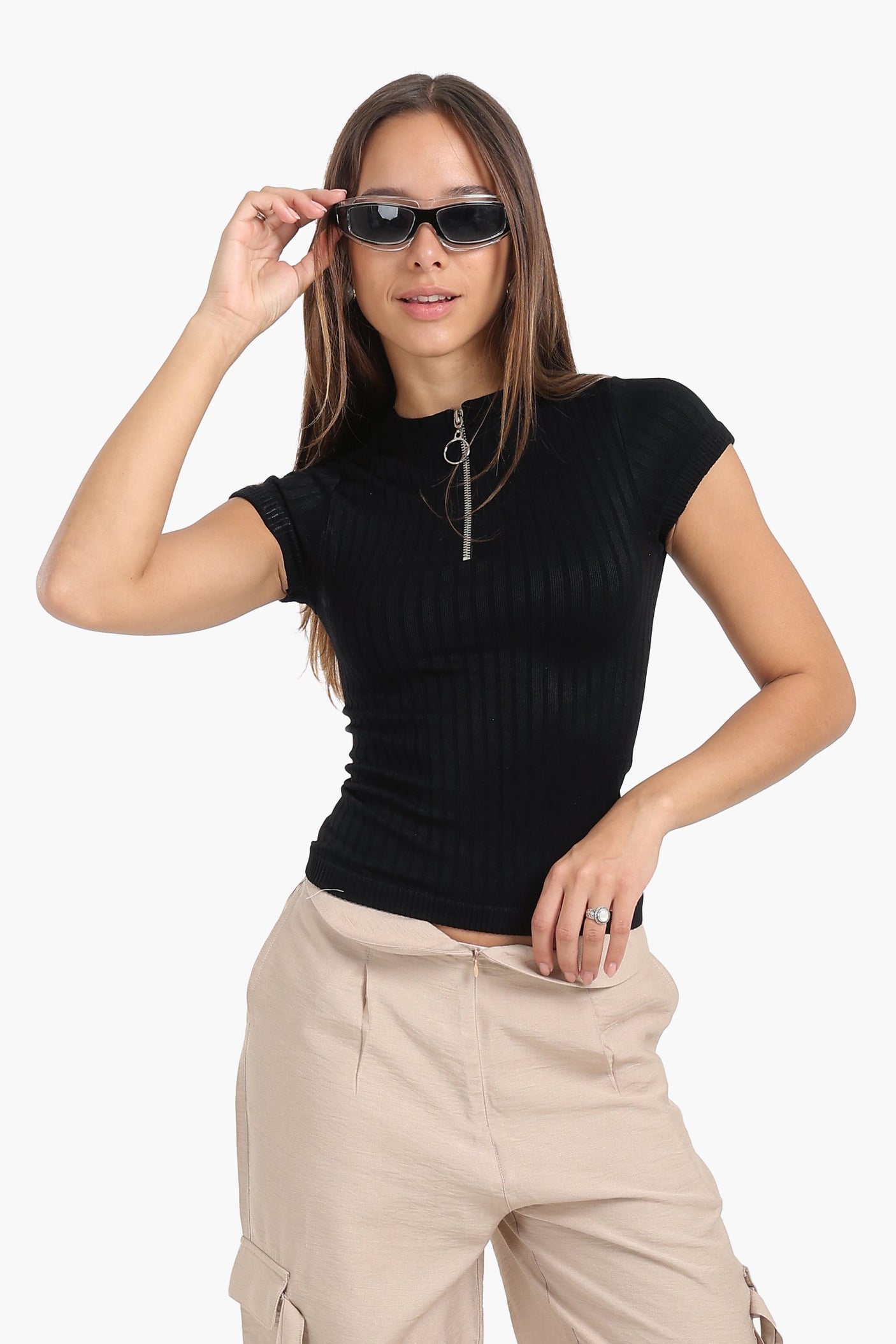 كارينا - بلوزة نصف سحاب بدون درزات مضلعة