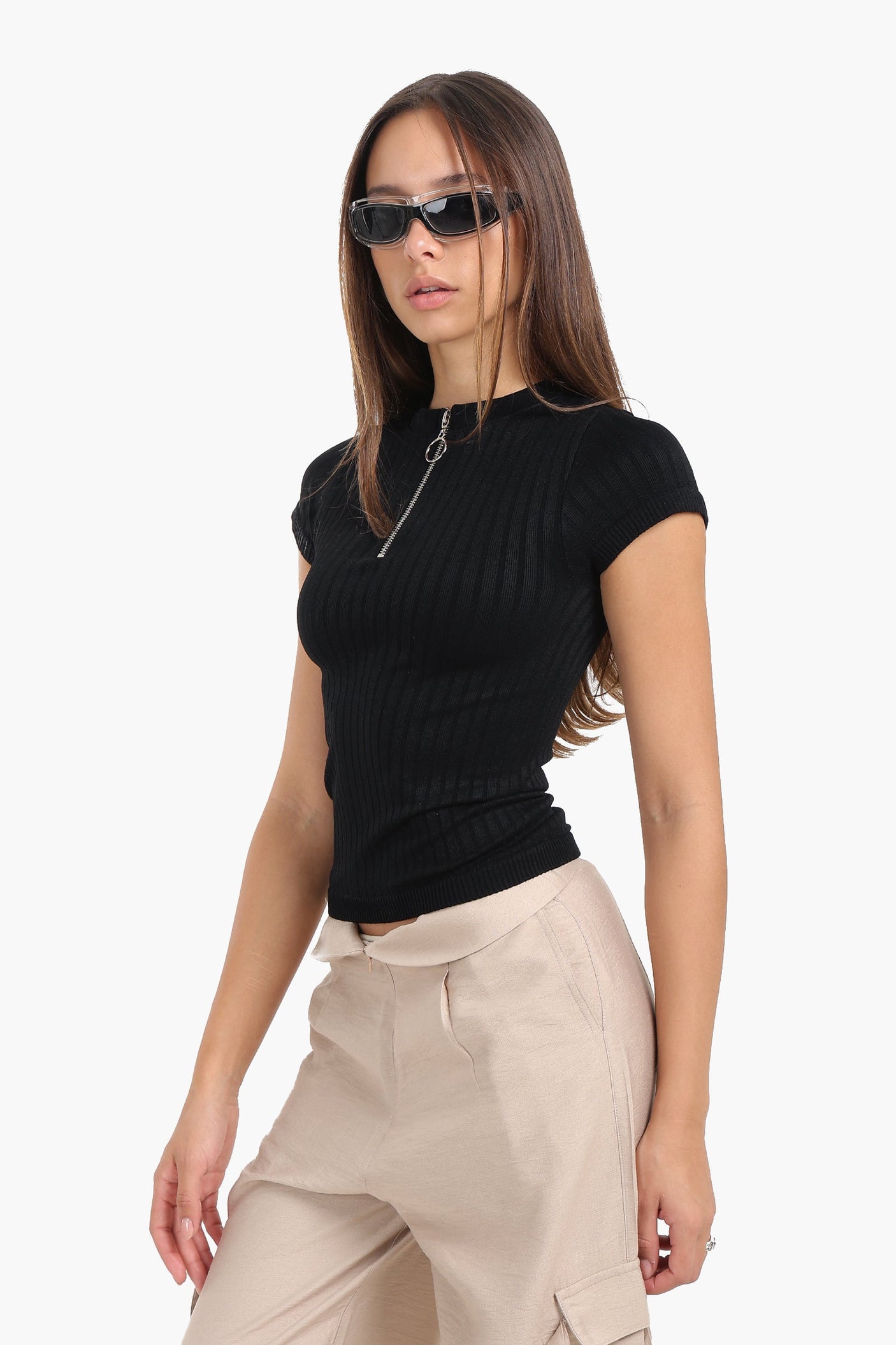 كارينا - بلوزة نصف سحاب بدون درزات مضلعة