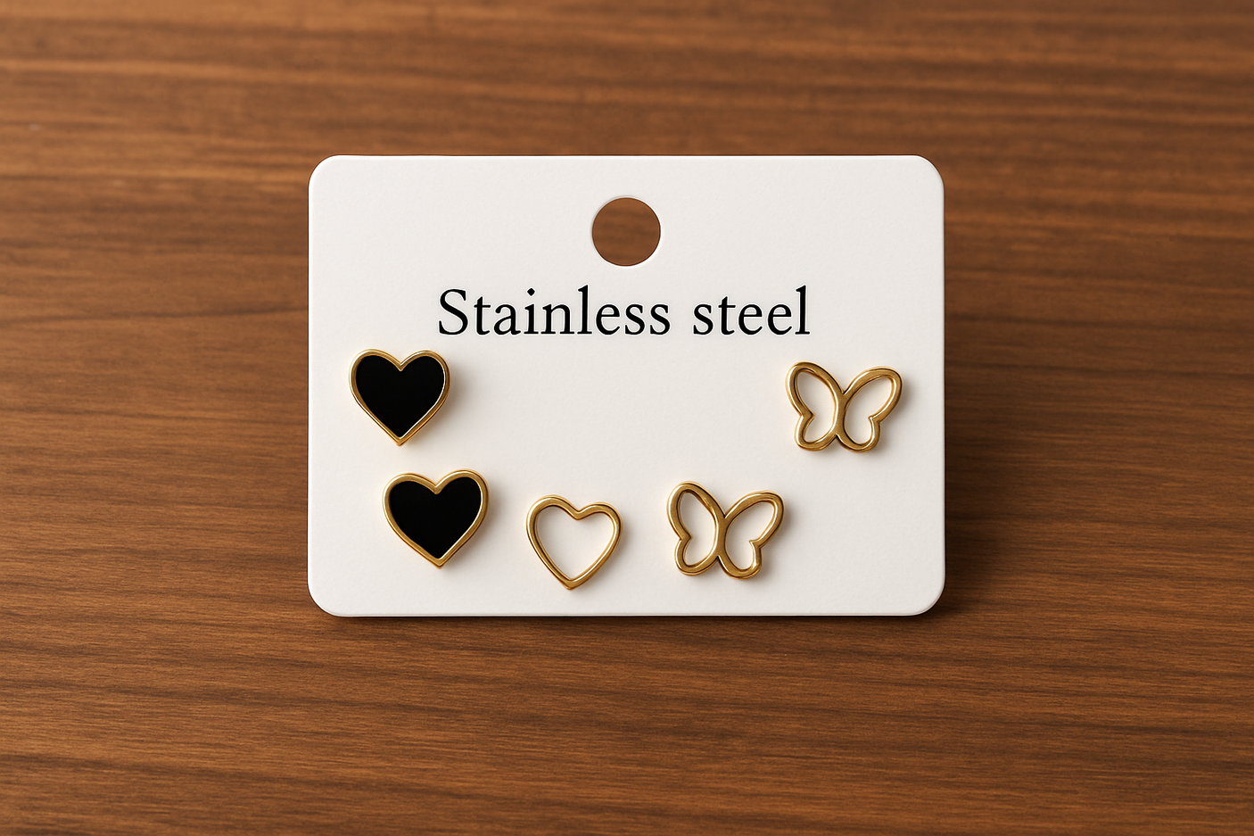 Elegant Earrings Set - Gold and Black Hearts & Butterflies Design