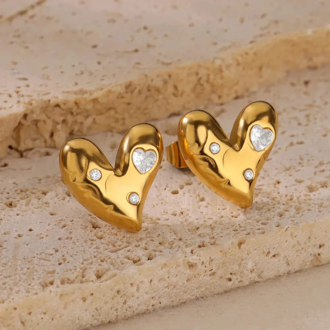 Heart-Shaped Stud Earrings with Stones