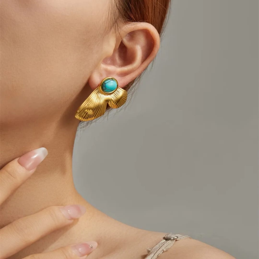 Gold Leaf Design Earrings with Turquoise Stone