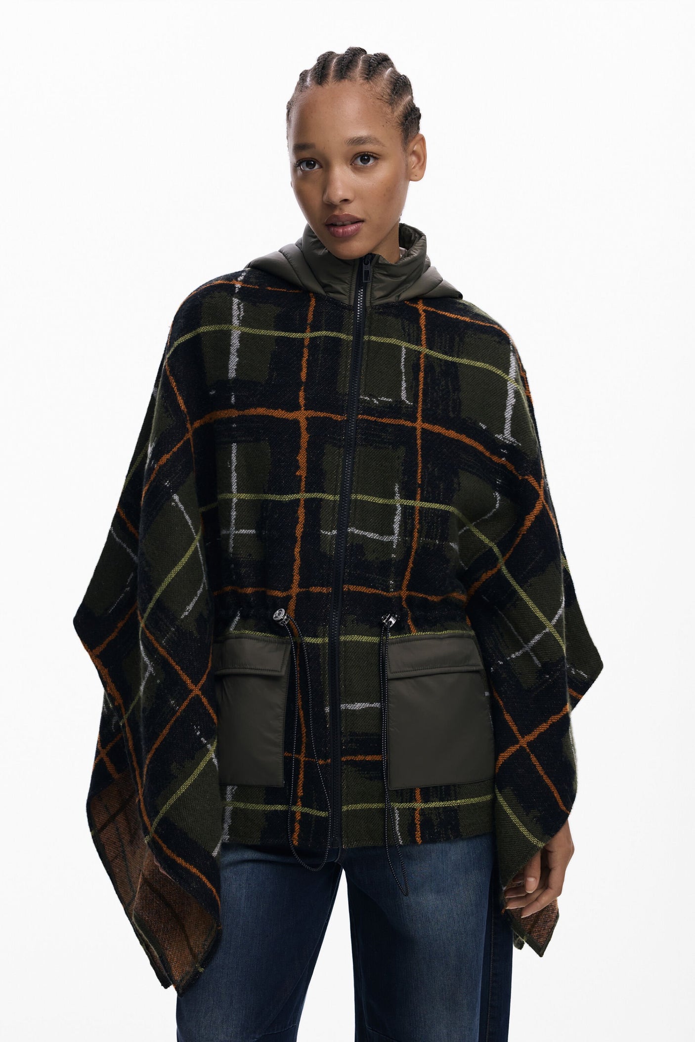Desigual - Checkered poncho with padded hood