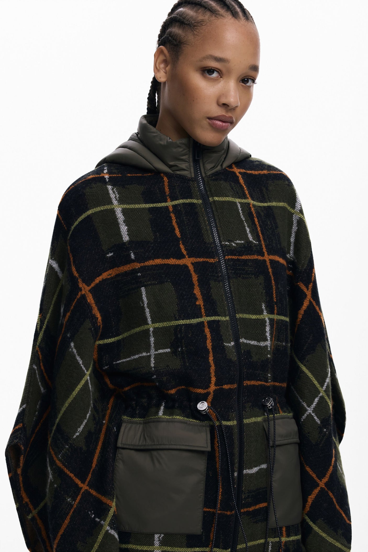 Desigual - Checkered poncho with padded hood