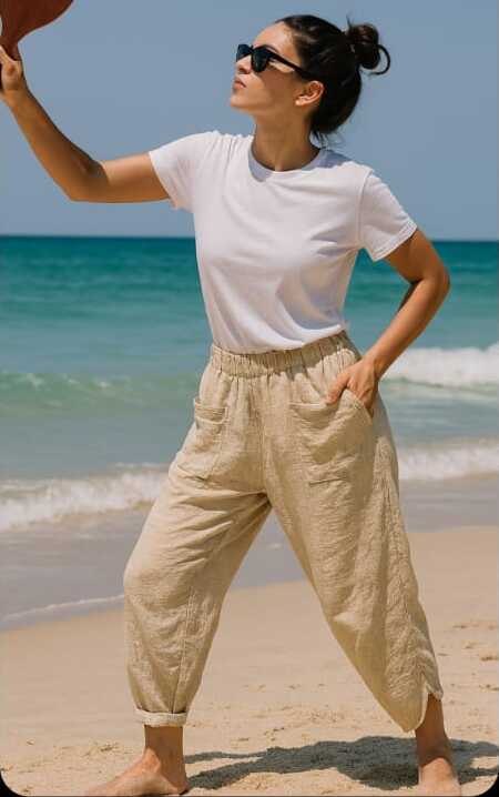 MR. joe - Relaxed Fit Linen Blend Pull-On Trousers Beige - 2727