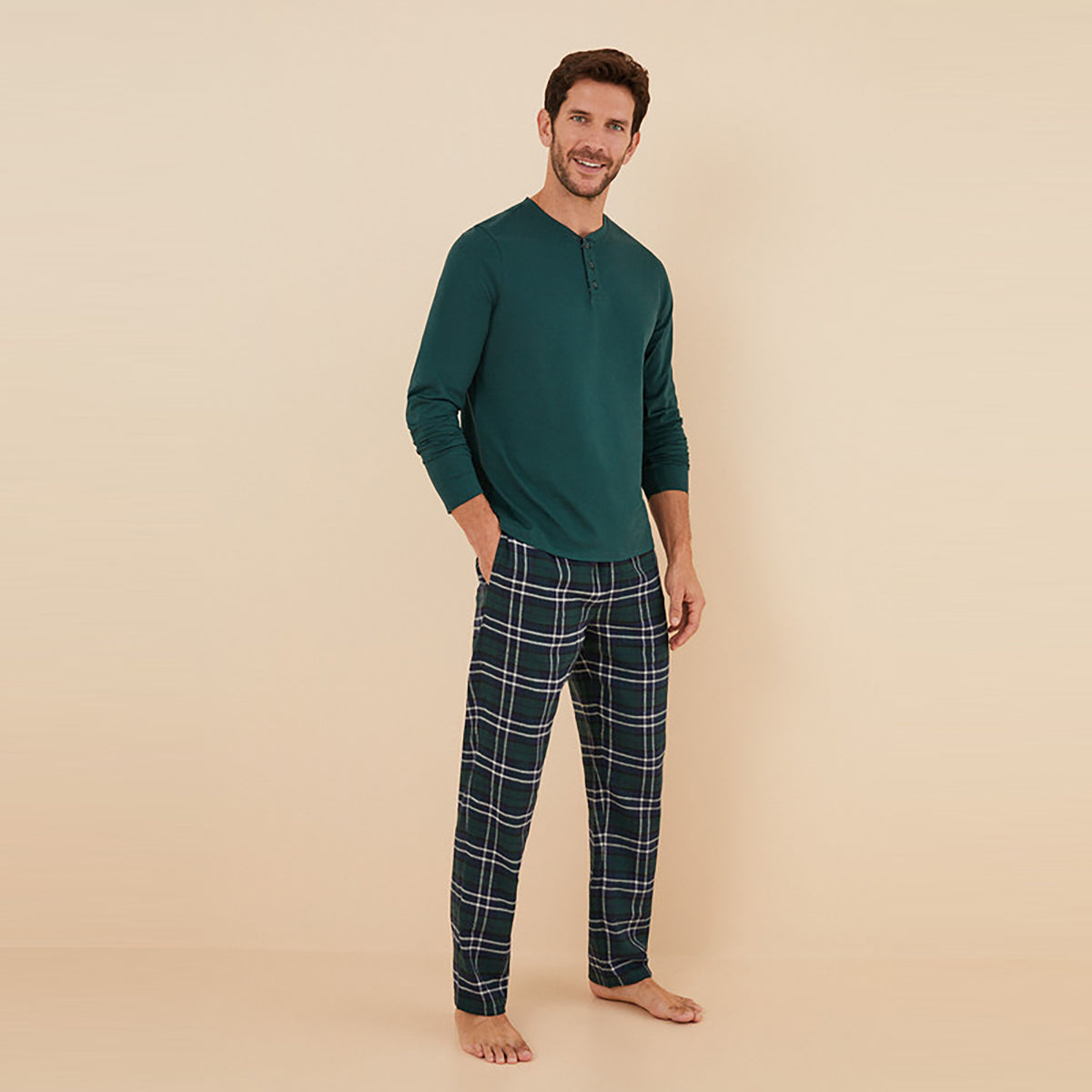 Women Secret - Men's plaid pajamas with a button neck - Sold by FIG