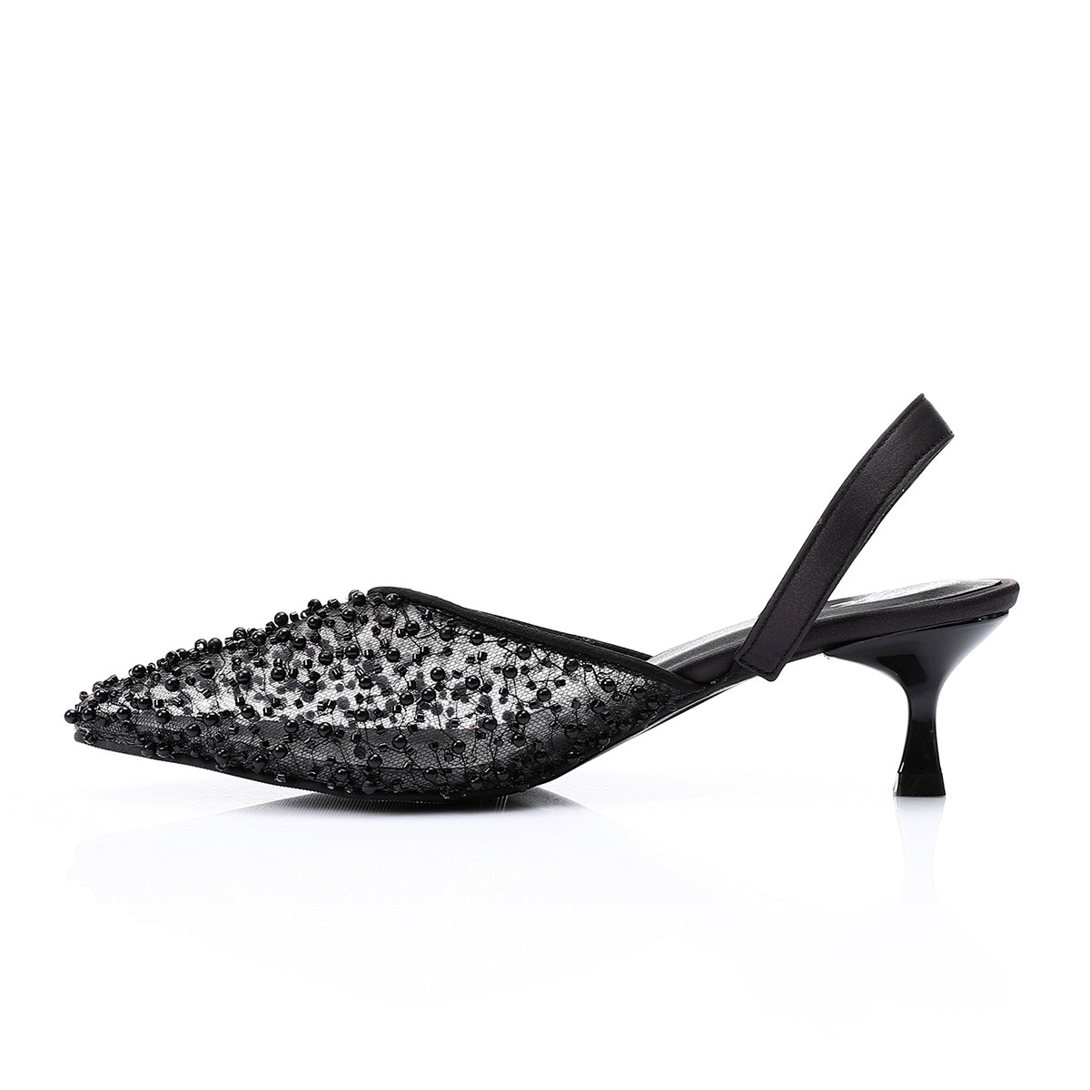 مستر جو - حذاء بكعب عالٍ مفتوح من الخلف مزين بأحجار الراين الأنيقة