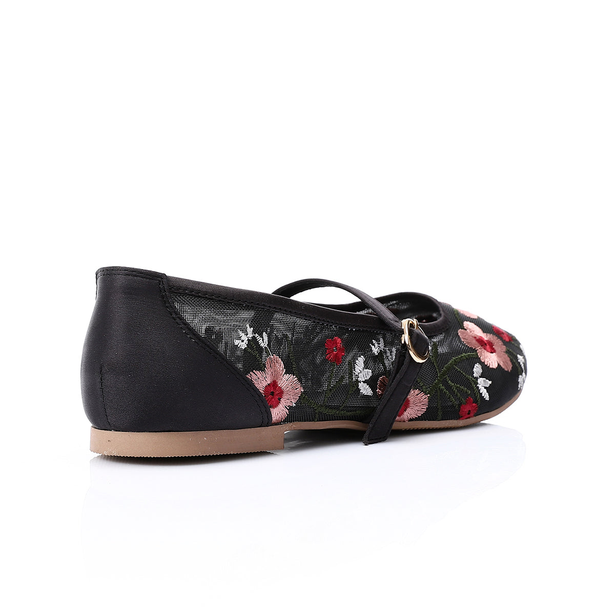 مستر جو - حذاء باليرينا مسطح مطرز بالزهور باللون الأسود للنساء