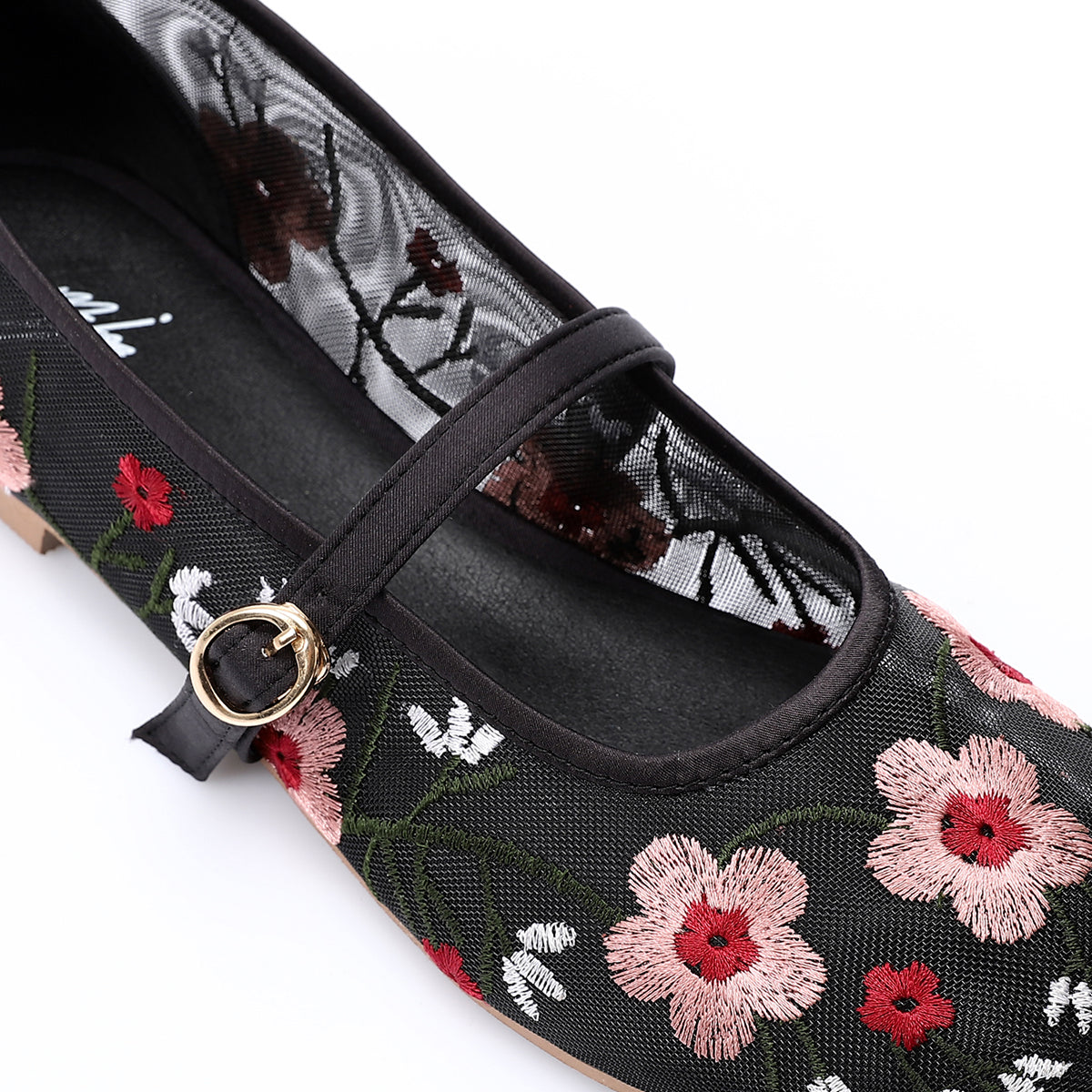 مستر جو - حذاء باليرينا مسطح مطرز بالزهور باللون الأسود للنساء