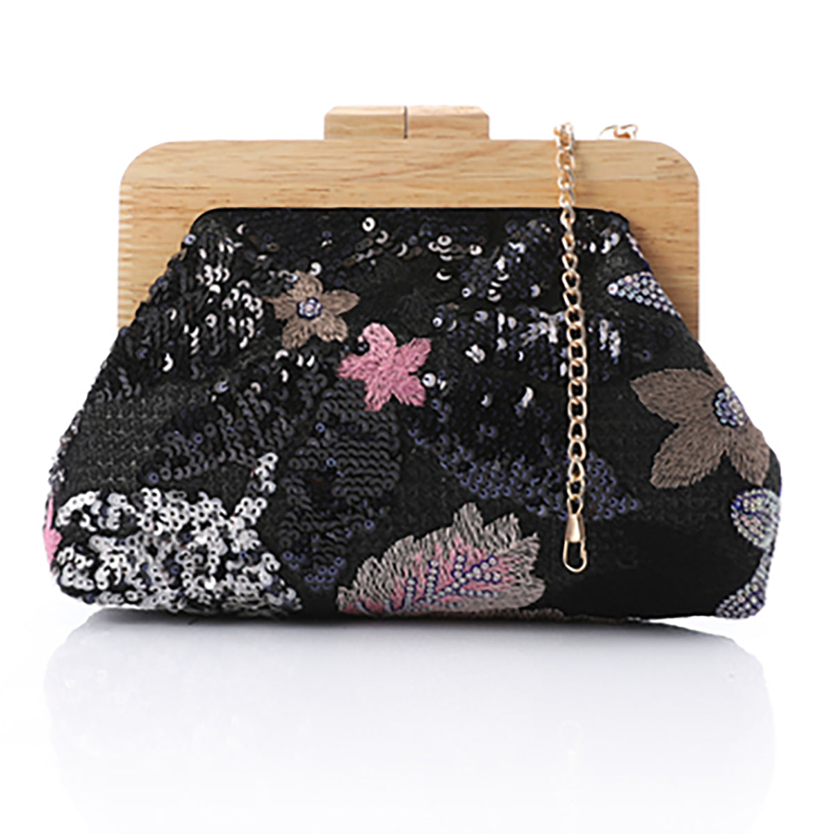 مستر جو - حقيبة كلاتش أنيقة مطرزة بالزهور باللون الأسود للنساء-4132