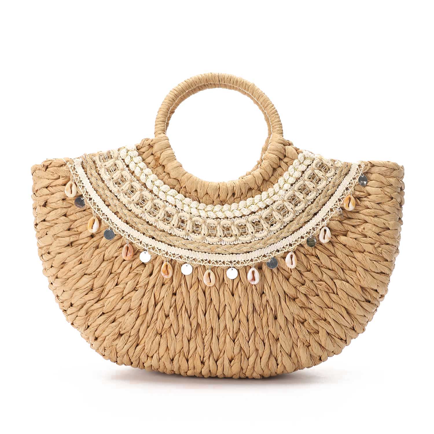Mr Joe - Brown Bohemian Shell Embellished Woven Bag – Chic Beach With Vacation Purse 4143