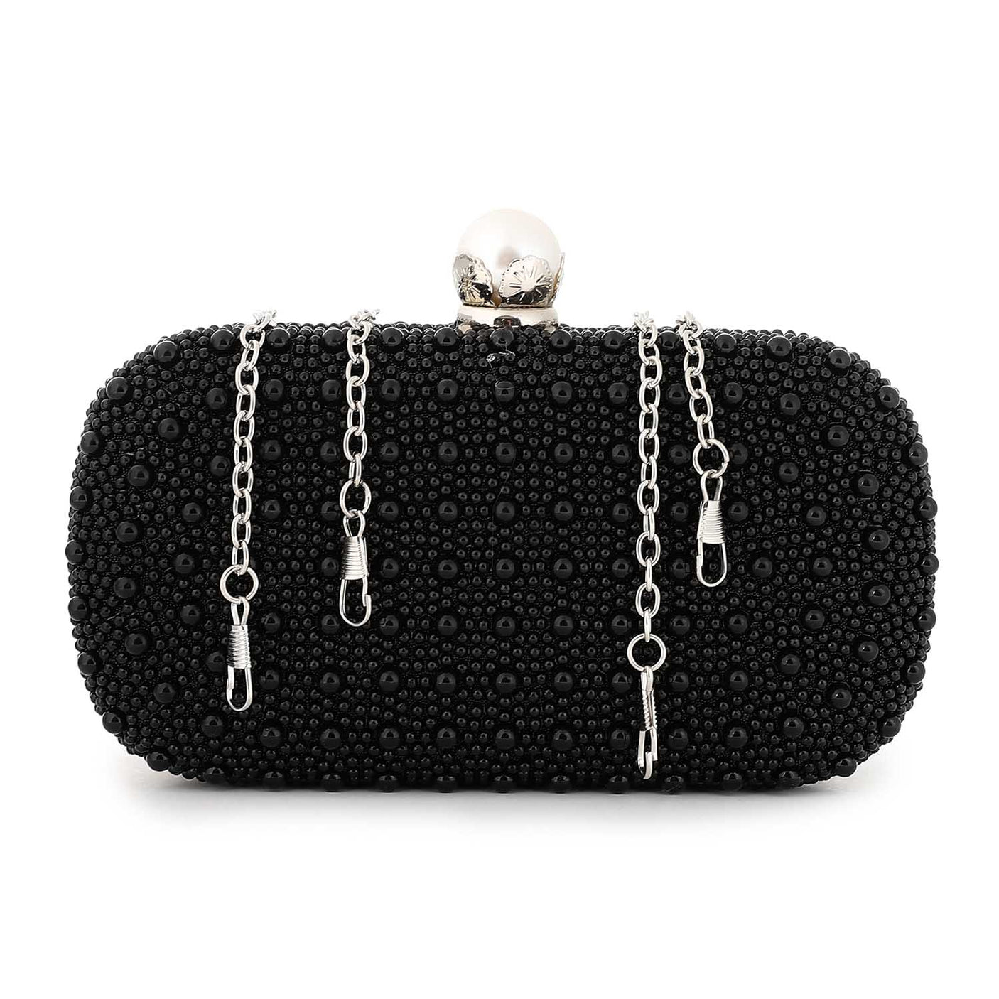 Mr Joe - Dazzling Black Pearl Hardcase Clutch - Silver Clasp With Chain Strap - 4149