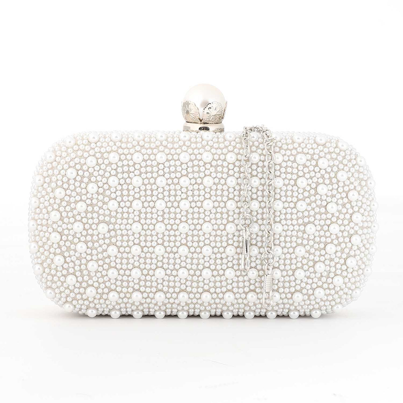 Mr Joe - Dazzling Black Pearl Hardcase Clutch - Silver Clasp With Chain Strap - 4149