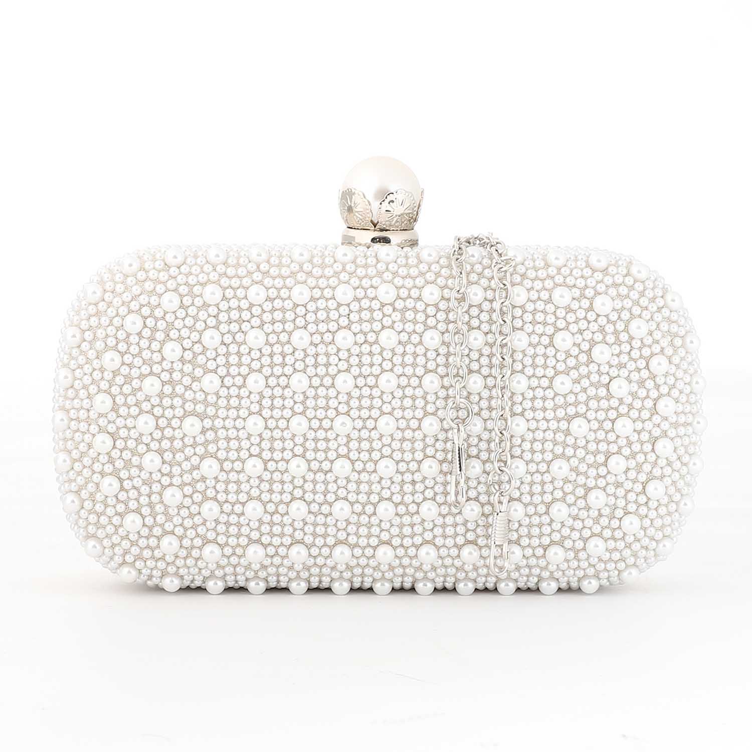 Mr Joe - Dazzling Black Pearl Hardcase Clutch - Silver Clasp With Chain Strap - 4149