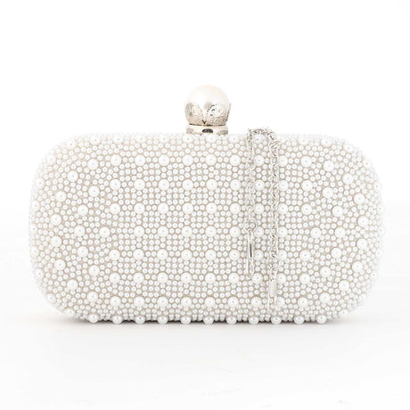 Mr Joe - Dazzling Black Pearl Hardcase Clutch - Silver Clasp With Chain Strap - 4149