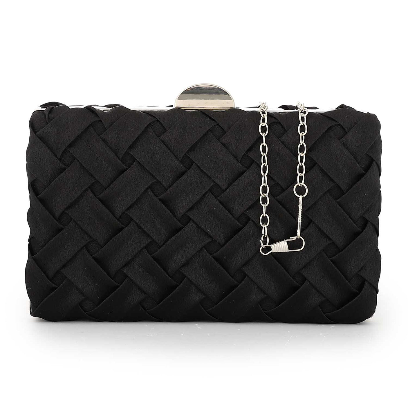 Mr Joe - Woven Black Satin Hardcase Clutch - Silver Clasp with Detachable Chain 4150