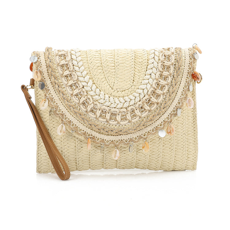 Mr Joe - Bohemian Straw Clutch with Seashell Embellishments Beige -4154