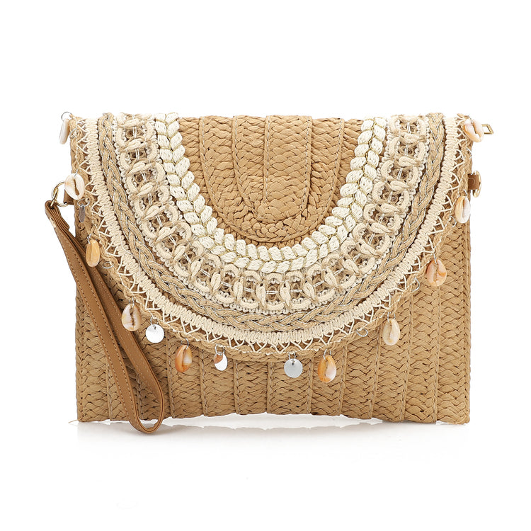 Mr Joe - Bohemian Straw Clutch with Seashell Embellishments Beige -4154