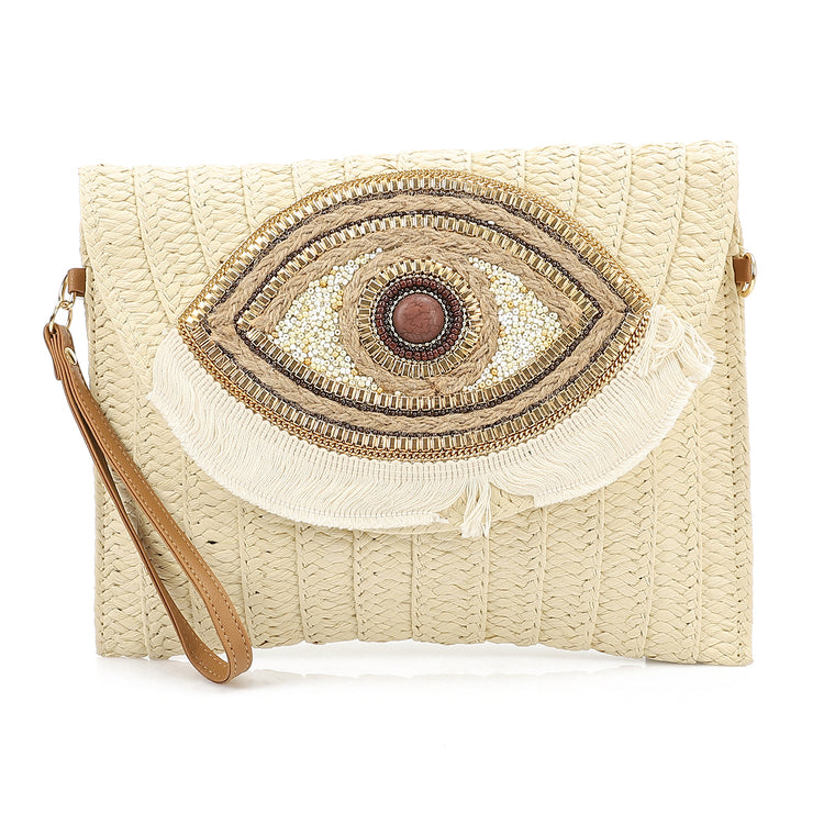 Mr Joe - Bohemian Straw Clutch with Eye Embellishments Beige -4155