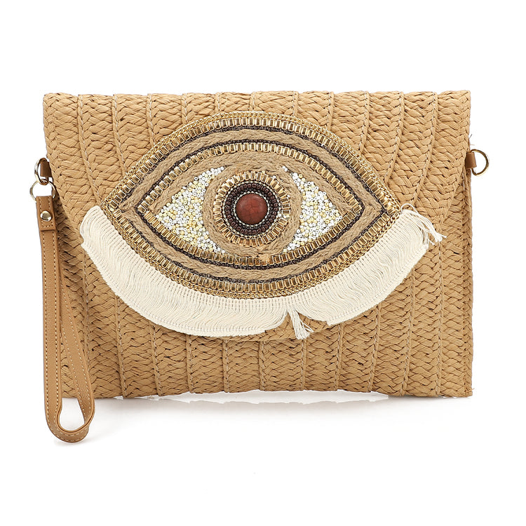 Mr Joe - Bohemian Straw Clutch with Eye Embellishments Beige -4155