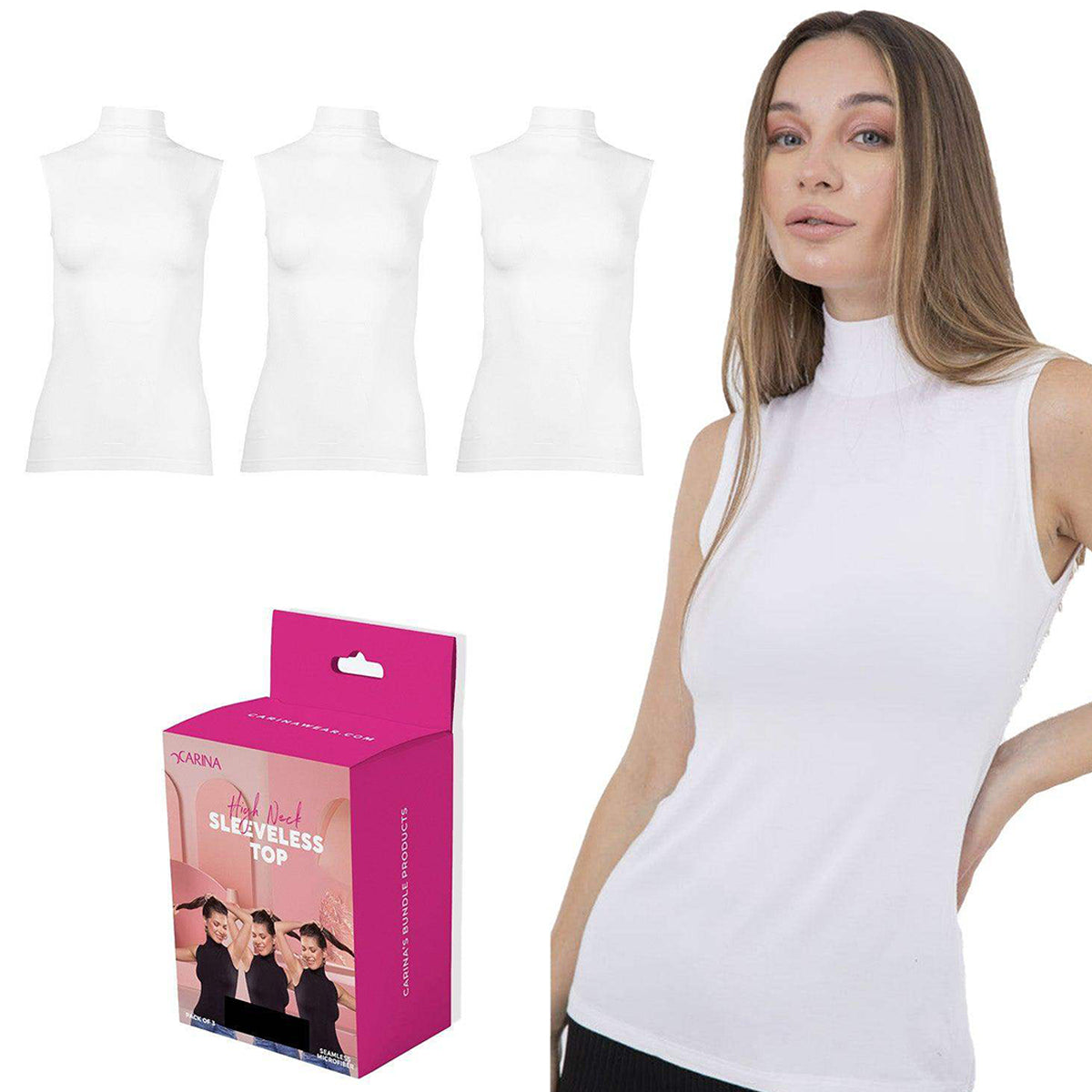 كارينا - بلوزة فيسكوز بدون أكمام بياقة عالية (عبوة من 3 قطع) للنساء