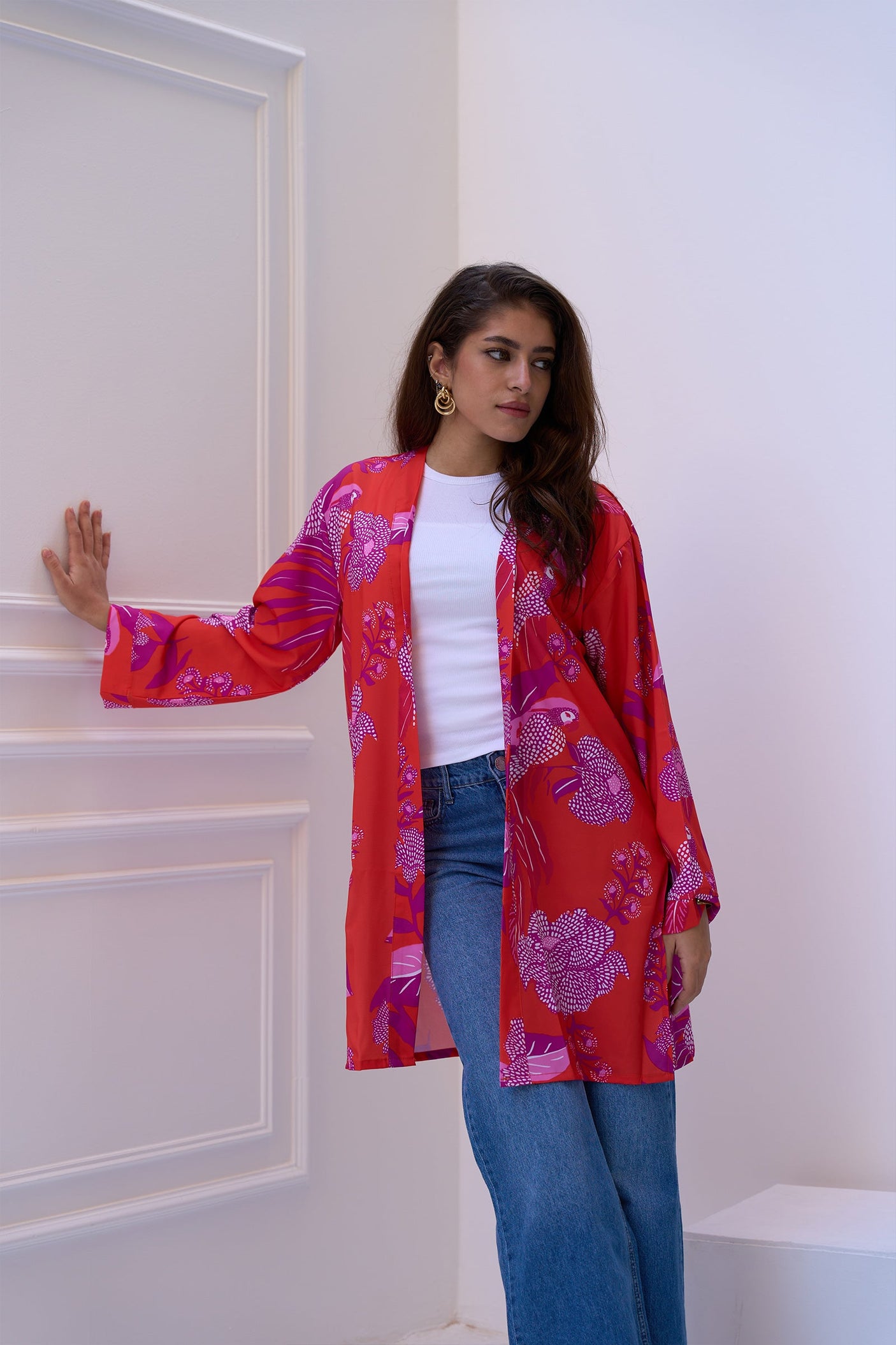 كارينا - كيمونو برتقالي مع طباعة أرجوانية