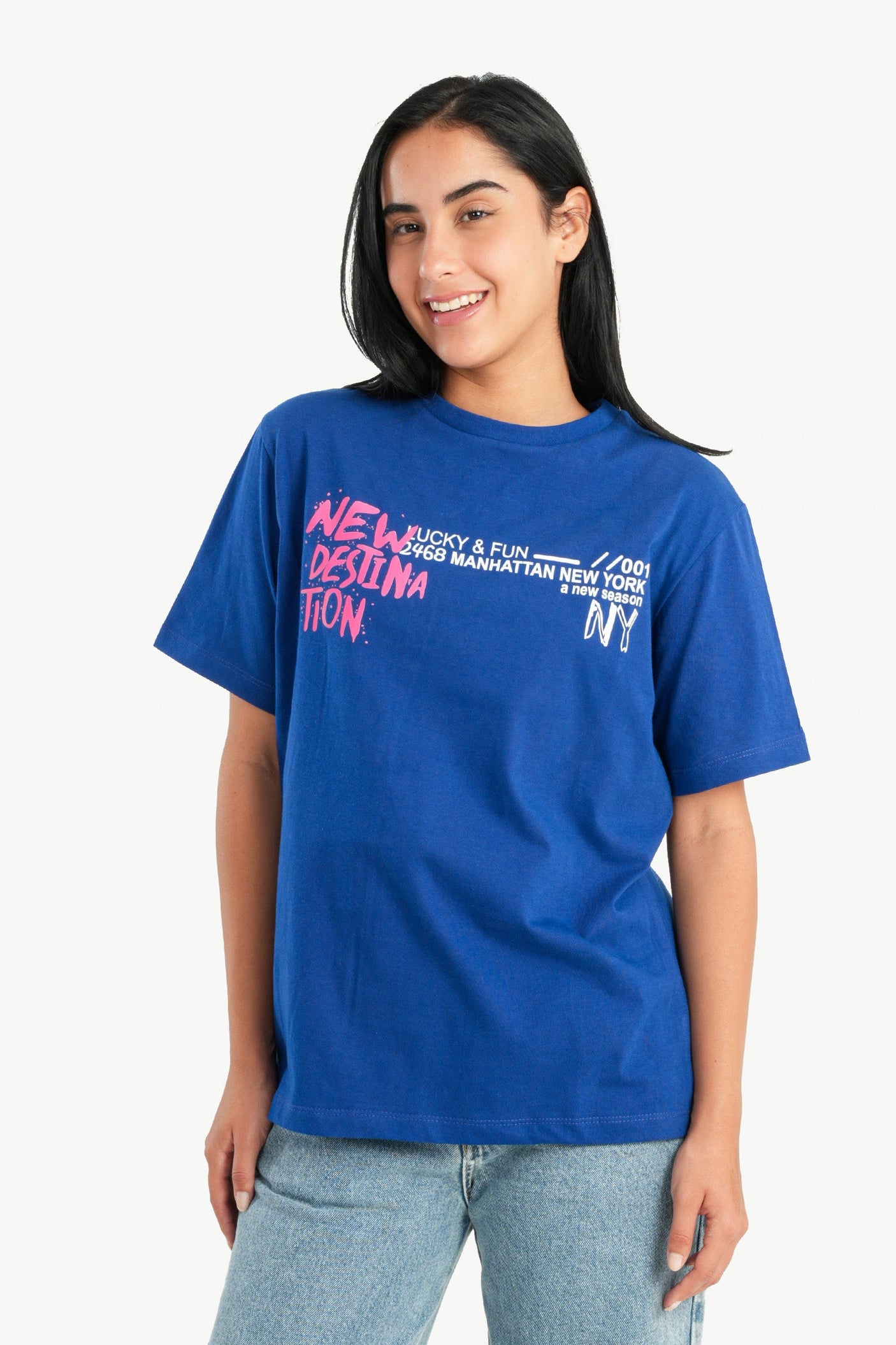 كارينا - تي شيرت أزرق مطبوع للنساء