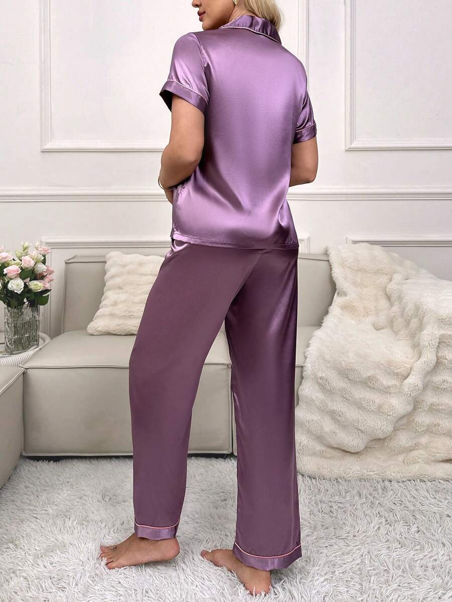 Shein - Color Block Border Lapel Collar Imitation Silk Pocket Embroidery Pajama Set With Open Front