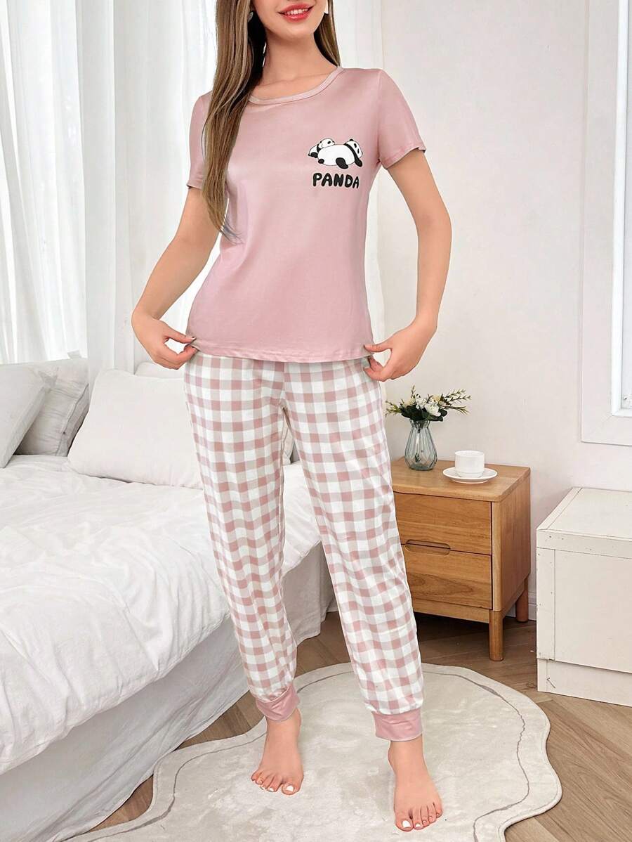 Shein - Dream Adore Panda Print Short Sleeve Top And Plaid Print Long Pants Pajama Set