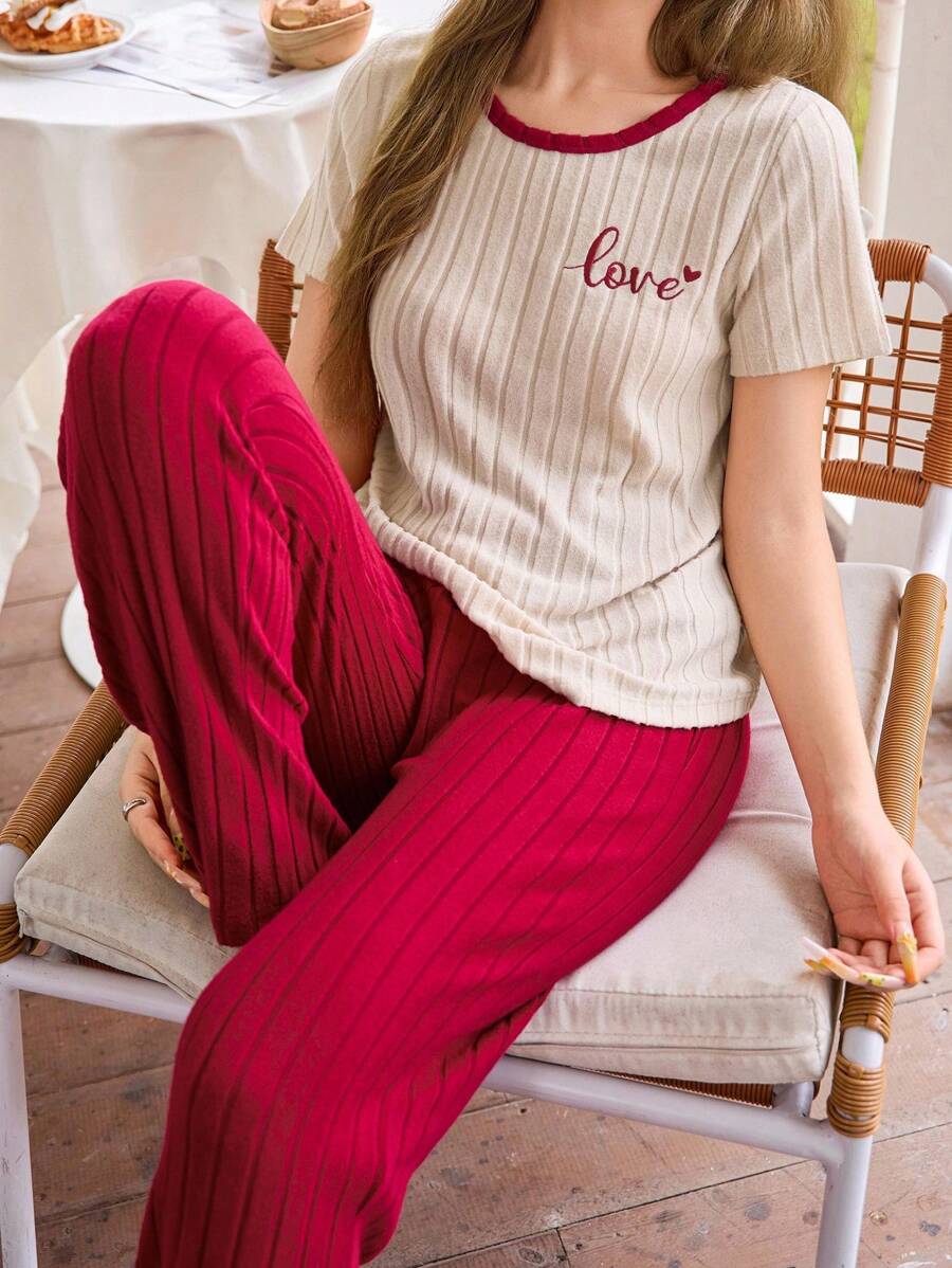 Shein - Casual Scoop Neck Pajama Pant Set In Rib-Knit With Letter Detail For Relaxed Nights Comfy Pajamas Set