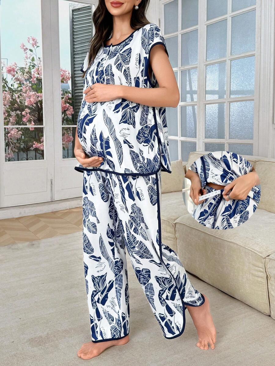 Shein - 2pcs Pregnant Women Leisure Leaf Print Short Sleeve Top And Pants Pajama Set