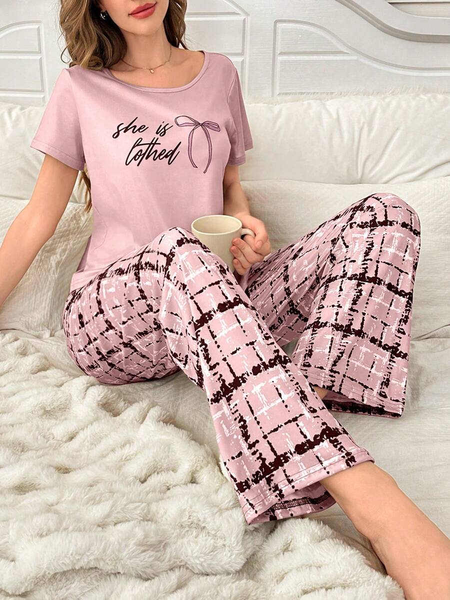 Shein - 2pcs Set Letter & Bow Print Short Sleeve Sleepwear And Plaid Lounge Pants Bowknot