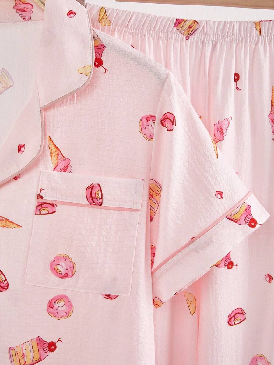 Shein - Faux Silk Cake & Ice Cream Printed Lapel Short Sleeve Pajama Set