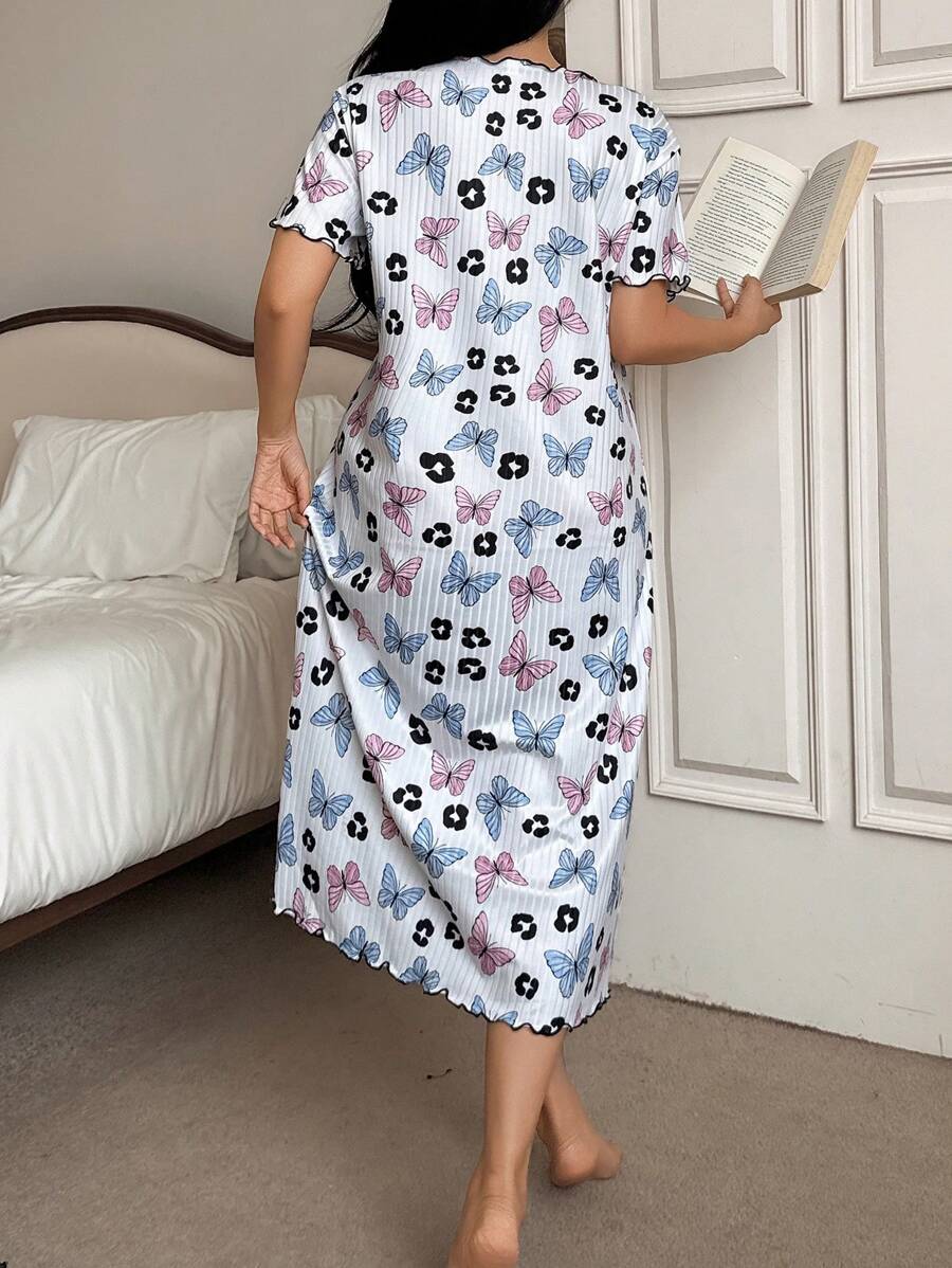 Shein - Fully Allover Print Butterfly Rib-Knit Loose Short Sleeve Nightgown