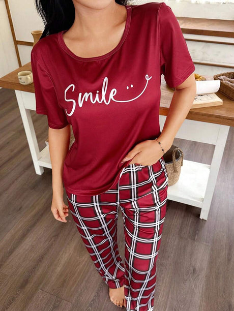 Shein - CoupledUp Plaid Print Color Block English Letter Casual Women Pajama Sets