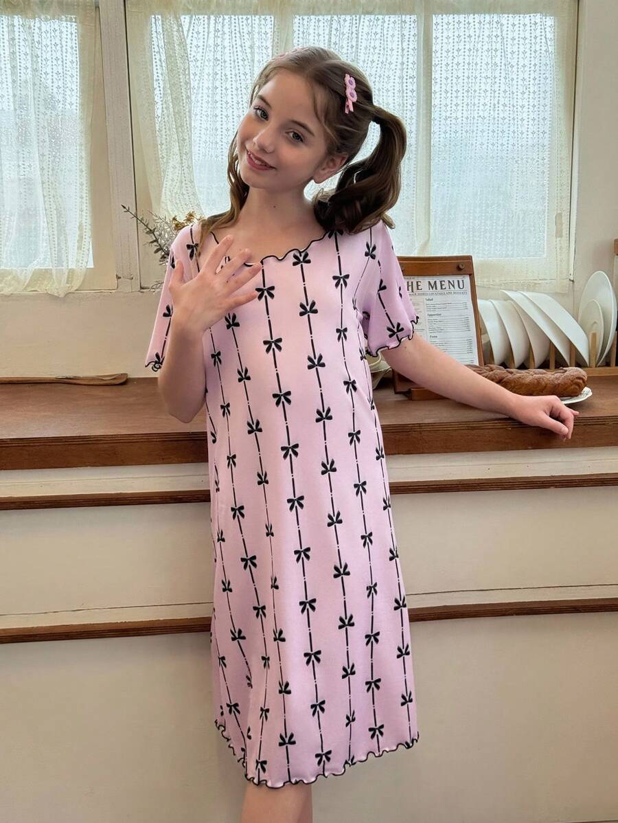 Shein - Tween Girls Pink Knitted Fabric Pajamas Featuring A Comfortable Scoop Neck And Short Sleeves