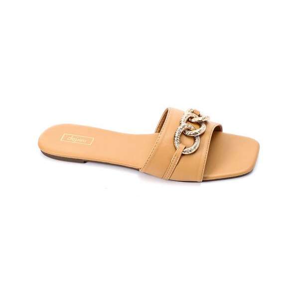 Dejavu - Open Leather Slipper With Gold Chains