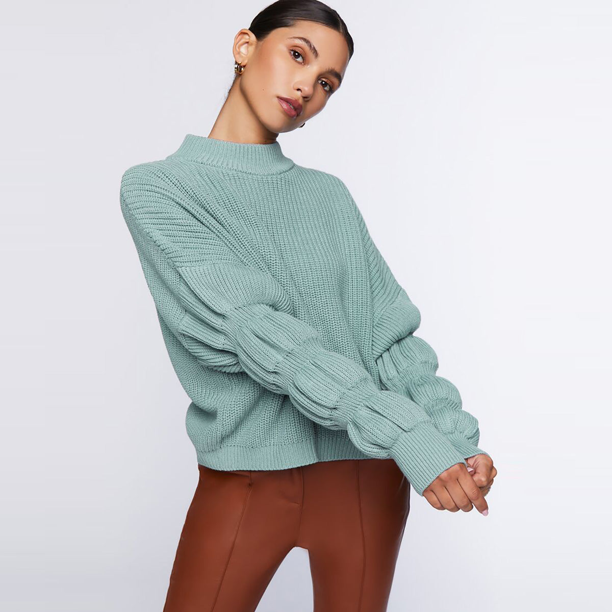 فوريفر 21 - بلوفر منفوخ بأكمام طويلة للنساء - يباع بواسطة اف اى جى