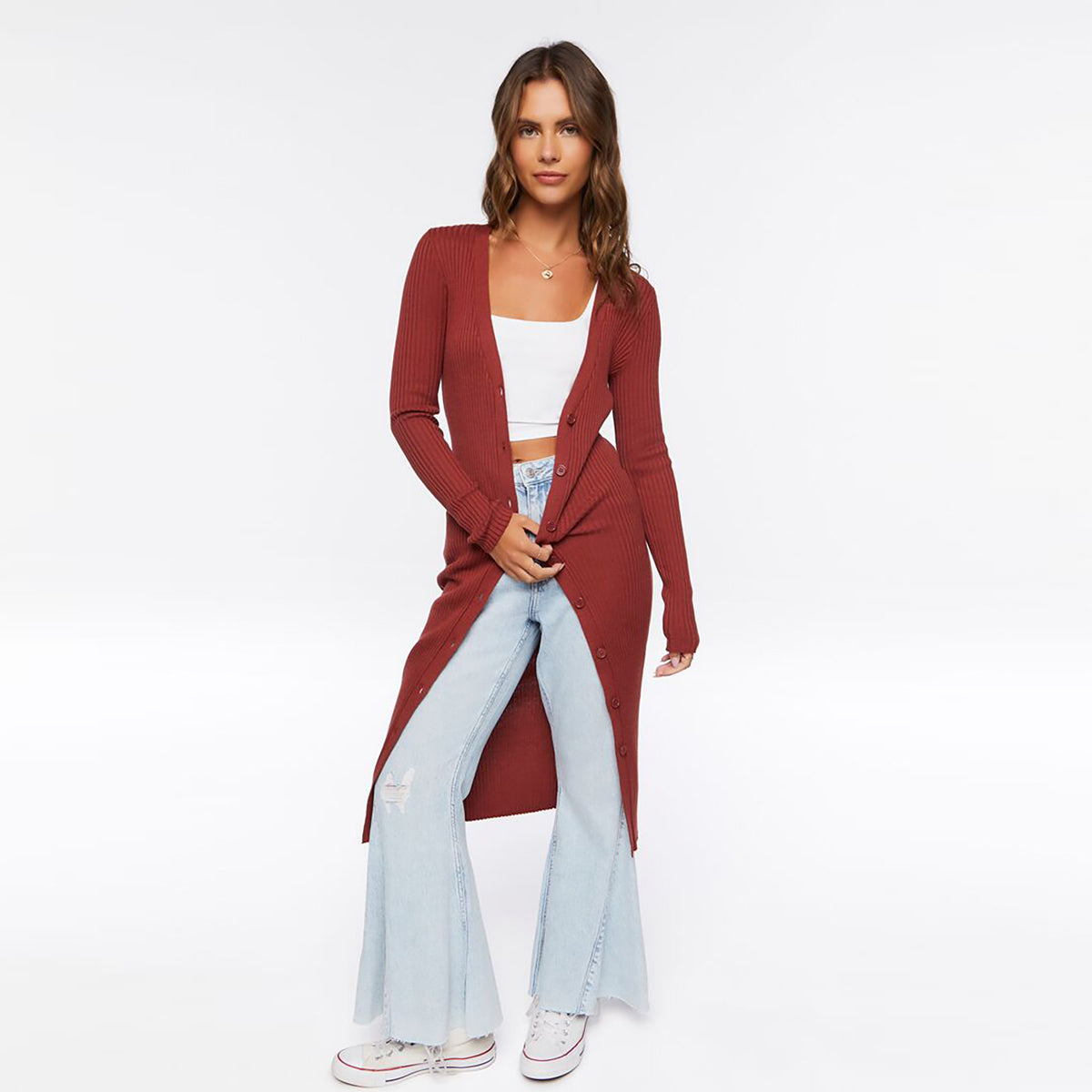 فوريفر 21 - كارديجان محبوك طويل مضلع للنساء - يباع بواسطة اف اى جى