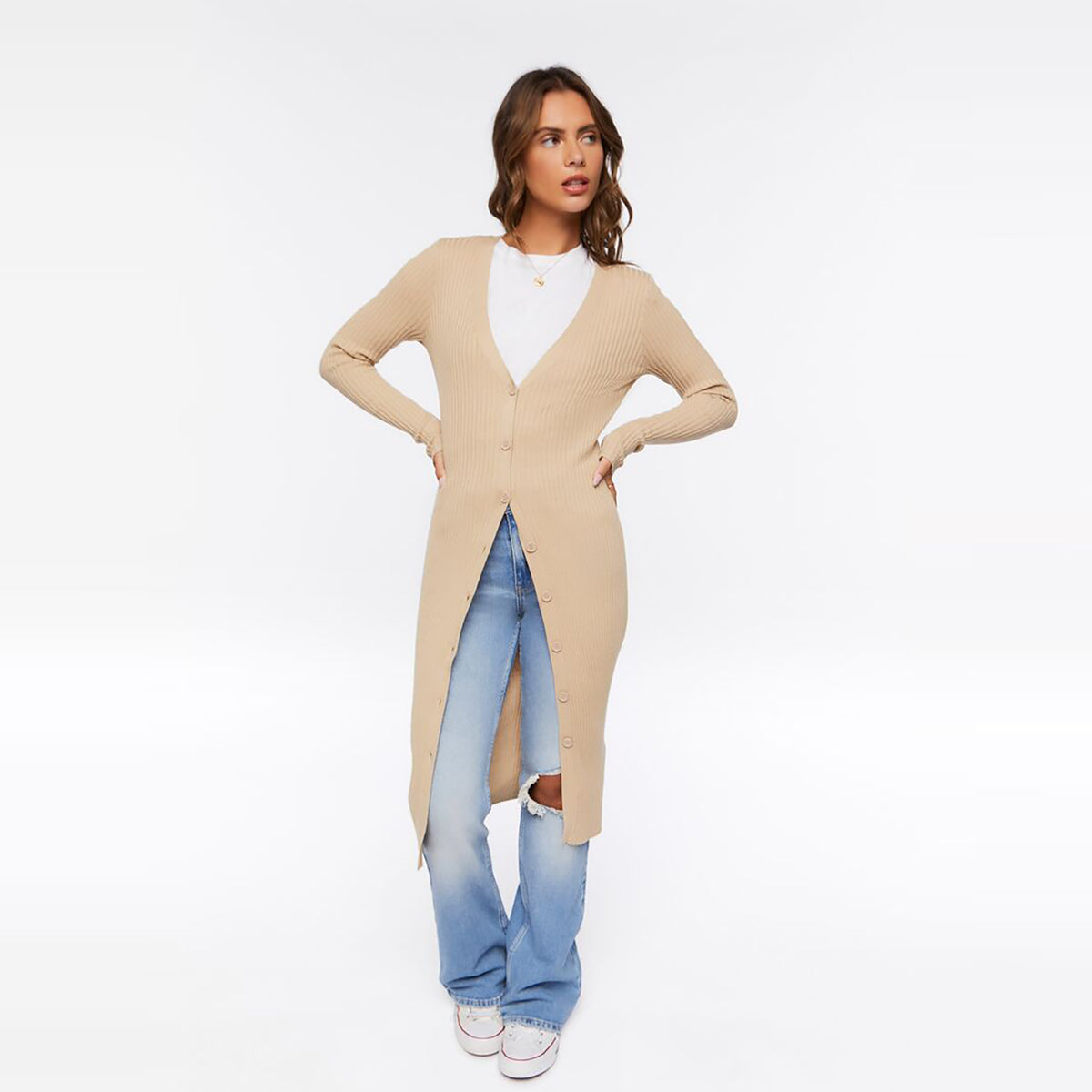 فوريفر 21 - كارديجان محبوك طويل مضلع للنساء - يباع بواسطة اف اى جى