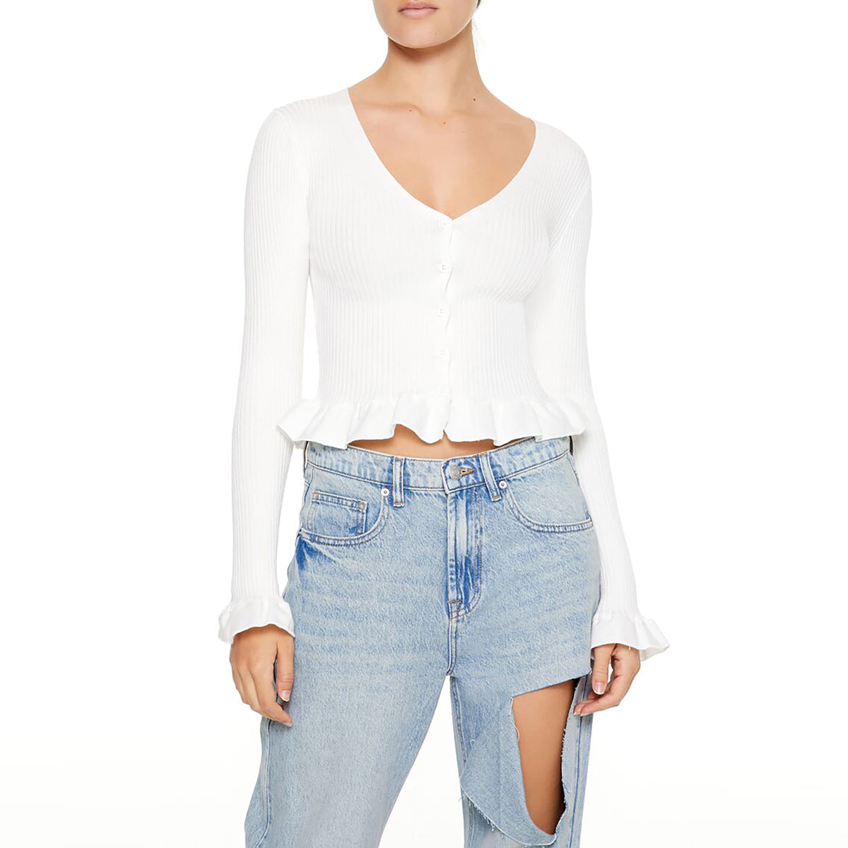 فوريفر 21 - كارديجان قصير مزين بالكشكشة للنساء - يباع بواسطة اف اى جى