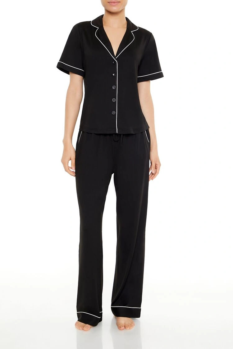 فوريفر 21-طقم بيجامة مكون من قميص وبنطلون بحواف مزخرفة-للنساء