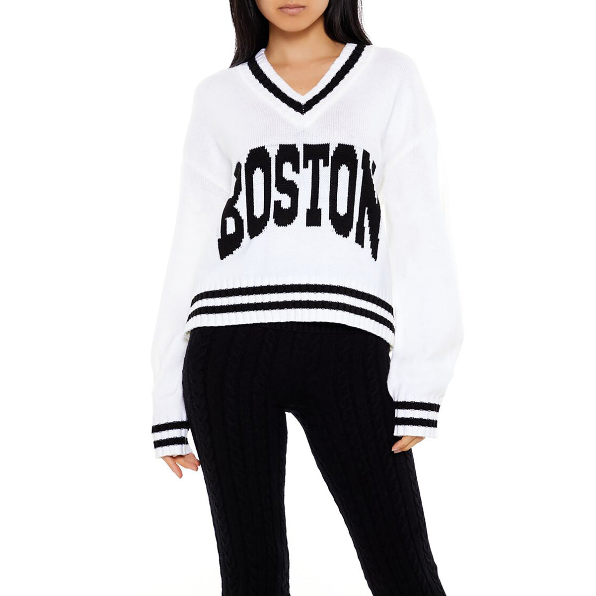 فوريفر 21 - بلوفر مخطط لفريق بوسطن للنساء - يباع بواسطة اف اى جى