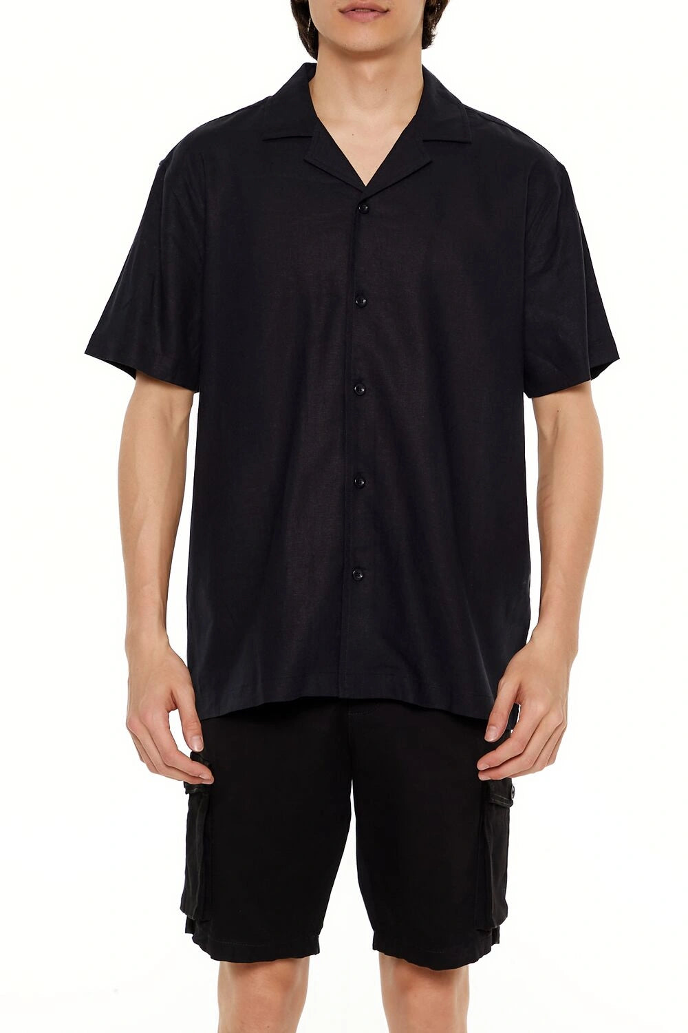 فوريفر 21-قميص من مزيج الكتان بياقة كوبية-للرجال