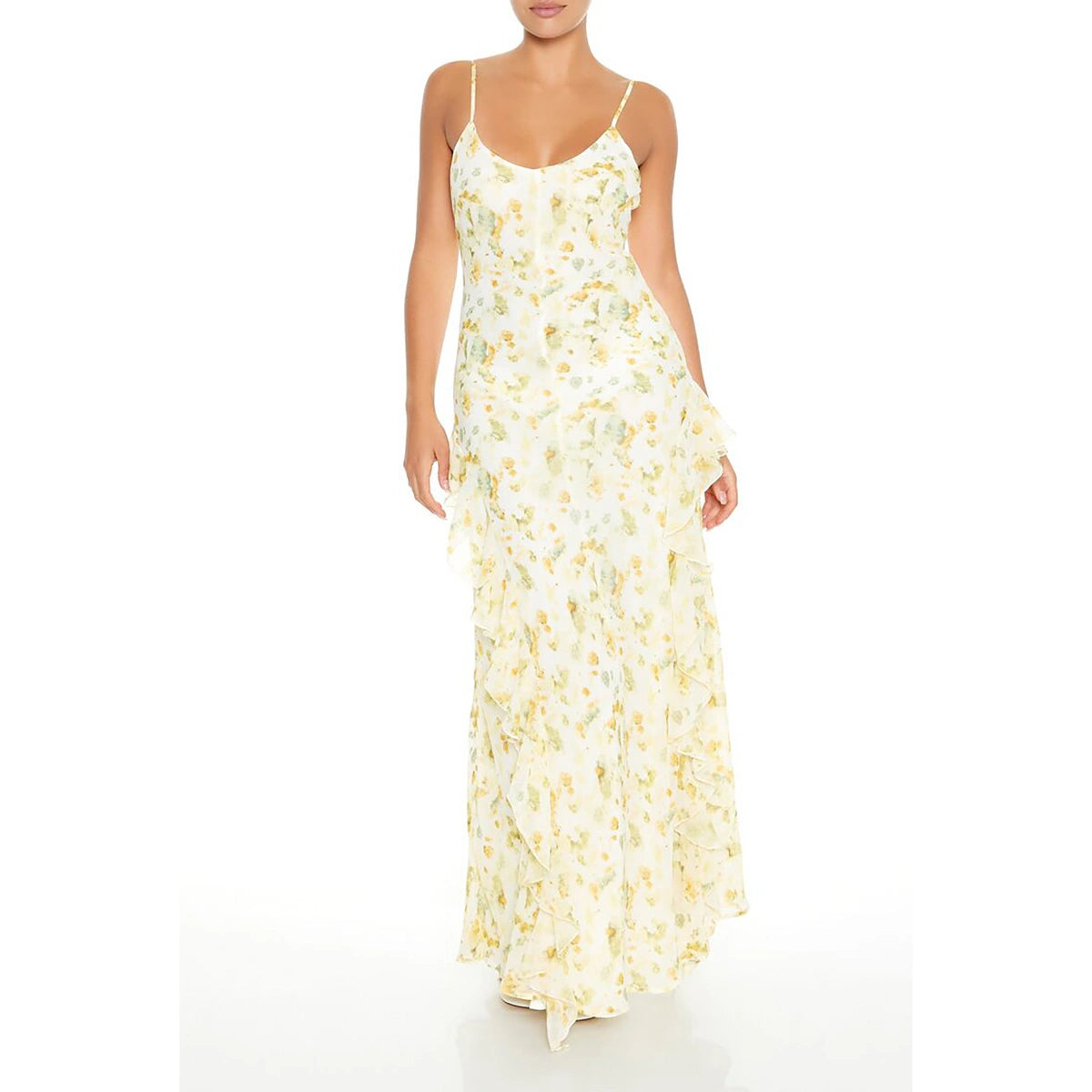 فوريفر 21 - فستان طويل بطبعة زهور وأطراف كشكش - يُباع بواسطة اف اي جي