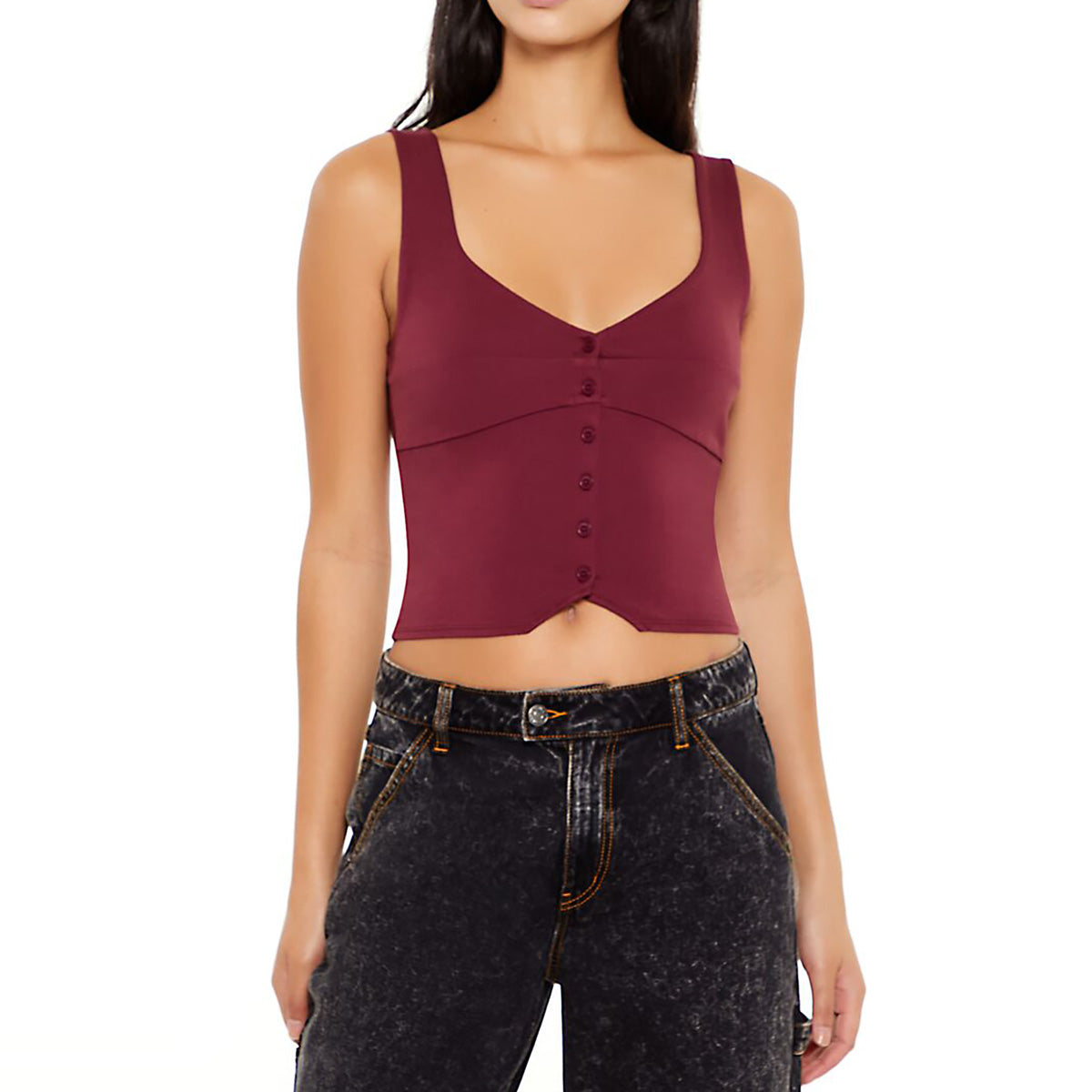 فوريفر 21 - بلوزة قصيرة من قماش بونتي نيت بأزرار أمامية للنساء - يباع بواسطة اف اى جى